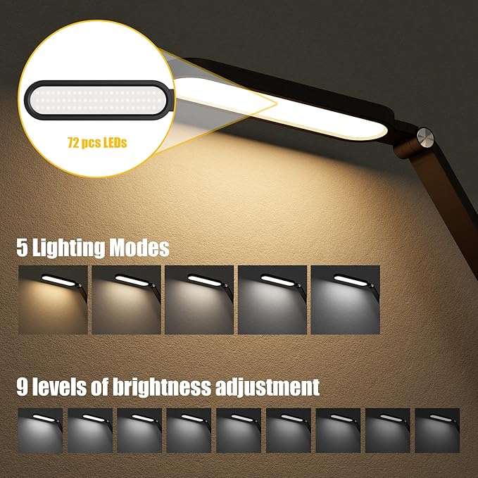 JKSWT LED Desk Lamp, Eye-Caring Table Lamps Natural Light Protects Eyes Dimmable Office Lamp with 5 Color Modes USB Charging Port Touch Control and Memory Function, 10W Reading Lamp,Black-DeskLoop Office