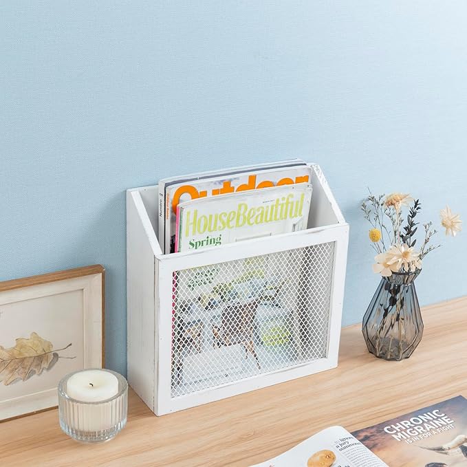 MyGift Rustic Magazine Holder Vintage White Wood and Chicken Wire Design Wall Mounted/Tabletop Mail Sorter, Farmhouse Home, Bathroom, Office Magazine Rack-DeskLoop Office