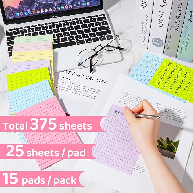 Lined Sticky Notes 4 x 6 Inches, 15 Pads, 375 Sheets, 7 Soft Pastel Colors - Image 3