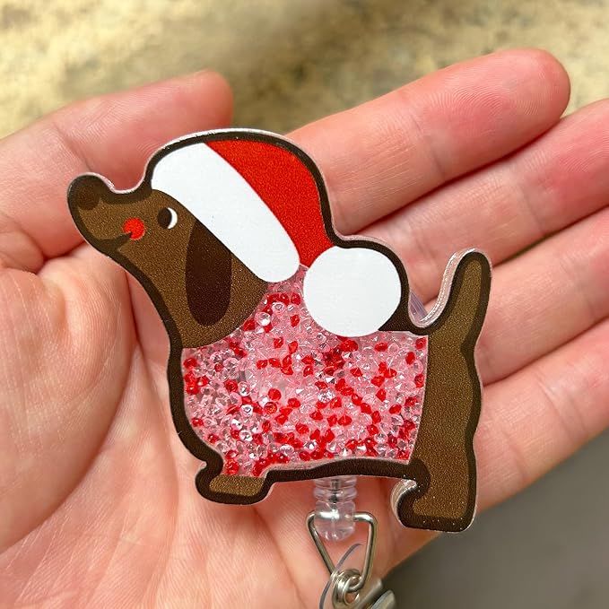 Christmas Dachshund Shaker Badge Reel Retractable, Cute Wiener Dog Badge Reel - Image 3