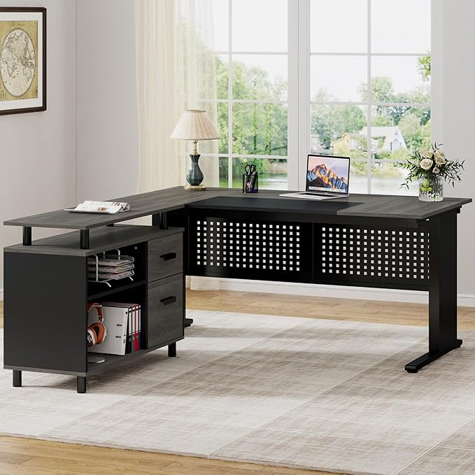 Tribesigns 63 Inch Executive Desk with File Cabinet, Large Office Desk L Shaped Computer Desk with Drawers and Storage Shelves, Business Furniture Desk Workstation for Home Office, Gray and Black-DeskLoop Office