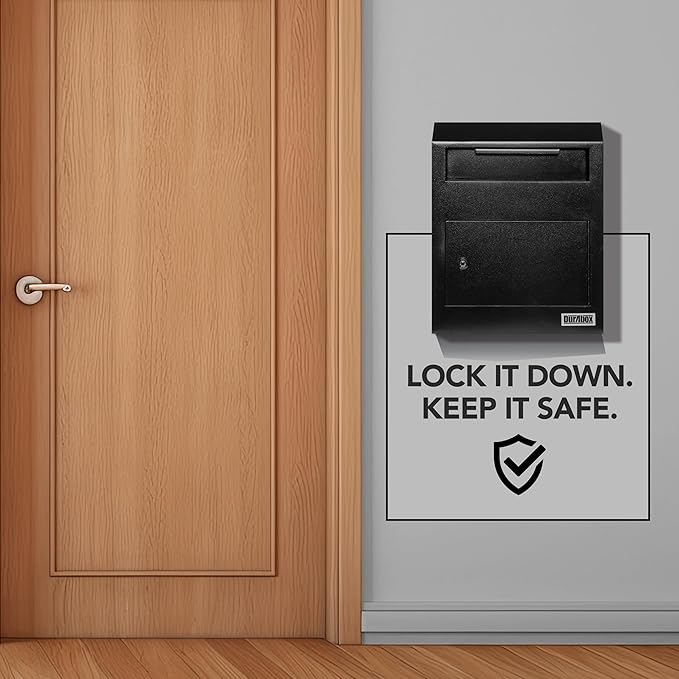 Drop Box Deposit Safe 12 x 4 x 15” Heavy Duty Steel Wall Mount Mailbox for Mail, Letters, Checks, Keys, Cash and more for Home, Office & Commercial Use (W500) (Black)-DeskLoop Office
