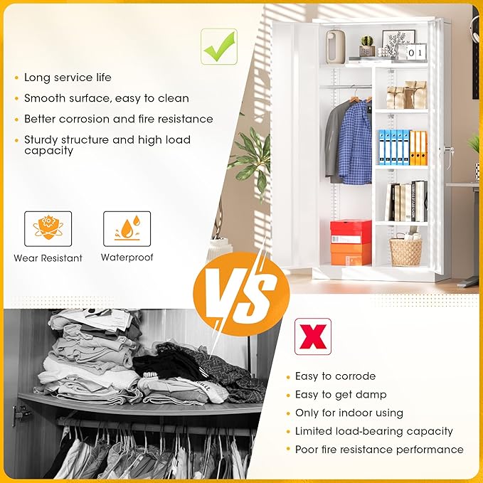 Greenvelly Metal Storage Wardrobe Cabinet with Lock, 72" White Metal Wardrobe Closet for Hanging Clothes with Doors and Shelves, Modern Clothes Closet for Home, Office and Bedroom, School,Gym-DeskLoop Office
