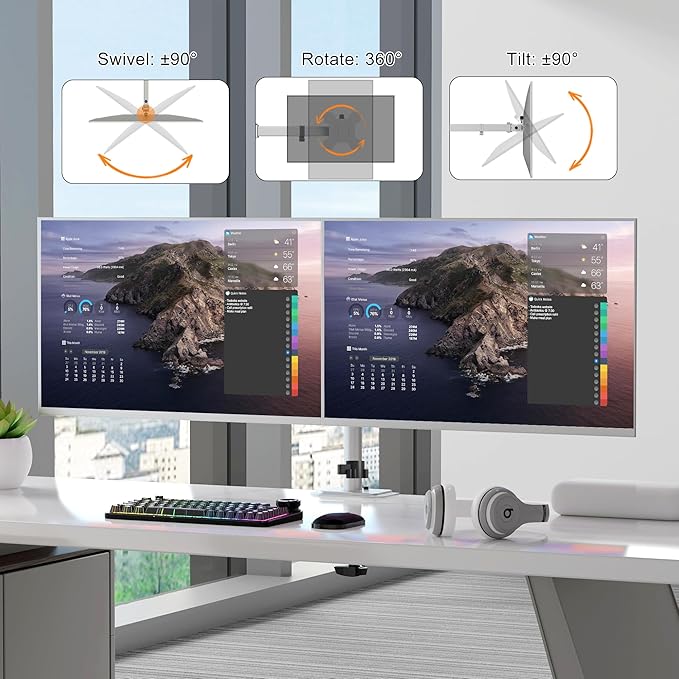 Pholiten Dual Monitor Stand, Heavy Duty Adjustable Monitor Arm Desk Mount for 2 Screens up to 42Inches, Tilt, Swivel, Rotate, Supports Tilt, Swivel, Rotate, Supports 22 lbs per Arm,Silver-DeskLoop Office