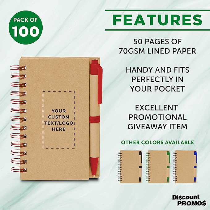 Custom Mini Spiral Notebooks with Black Ink Pens Set of 100, Personalized Bulk Pack - Perfect for School, Office, Business, Home - Red