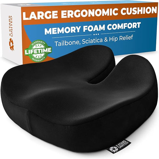 5 STARS UNITED Seat Cushion for Tailbone Pain Relief – Large Memory Foam Lifting Pillow for Coccyx, Hip, Sciatica & Post-Surgery Recovery – Wheelchair, Car, Desk, Gaming & Office Chairs, Black-DeskLoop Office