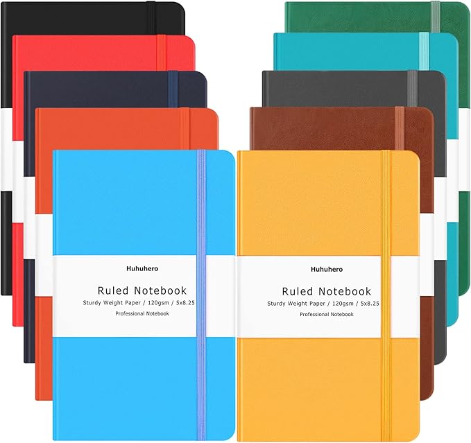 Huhuhero 10 Colors Lined Journal Notebook, A5 Hardcover Notebooks for Work, 120GSM Thick Paper, 128 Pages College Ruled Notebook for Writing Business Journaling, 5"×8.25"-DeskLoop Office