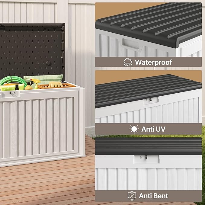 Gizoon 100 Gallon Deck Box, Resin Outdoor Storage Box with Lockable Lid, Waterproof and UV Resistant, Perfect for Storing Patio Mats, Garden Tools, Home and Outdoor Organization-DeskLoop Office