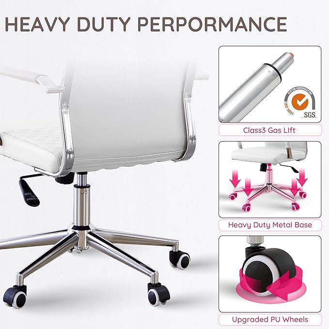 Livinia Modern Executive Office Chair with Patterned Back Design, Chrome & Leather Swivel Chair with High Back, Adjustable Height, Removable Armrests, and Wheels for Home Office (White(Chrome))-DeskLoop Office