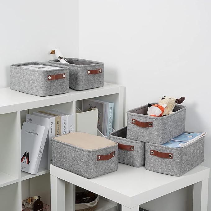 DULLEMELO Small Storage Baskets 11.8"x7.9"x5.1", Fabric Storage Bins for Shelves,Closets,Nursery,Home,Office [3 Pack], Collapsible Storage Baskets with Leather Handles (Gray)-DeskLoop Office