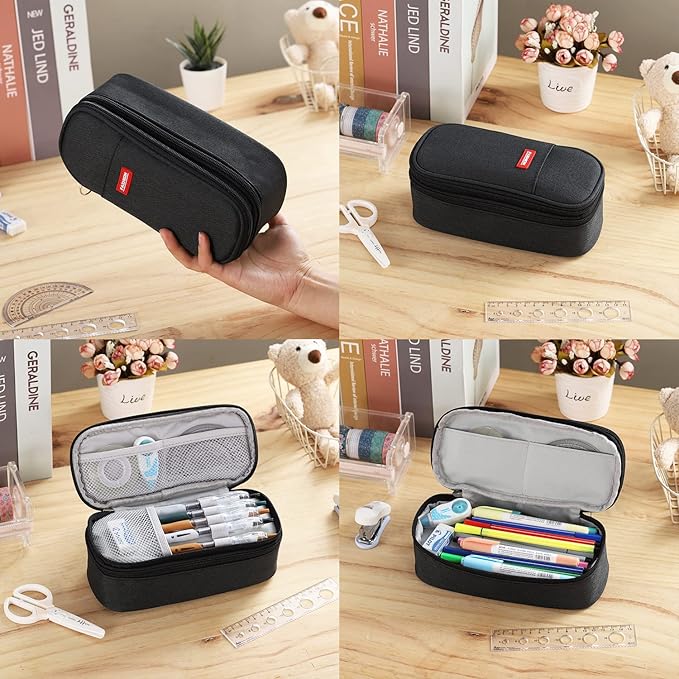 Dugio Big Pencil Case for Boys Organizer Pencil Bag with Zipper Pencil Pouch for School Teens Kids Aesthetic Large Pencil Pouch Black-DeskLoop Office