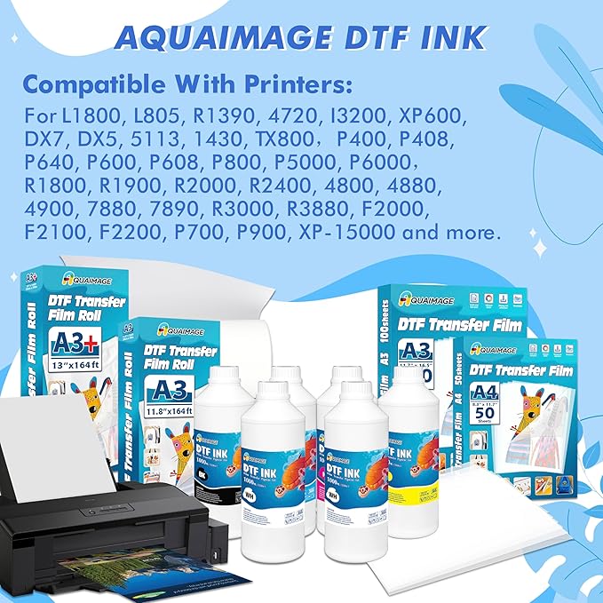 Premium DTF Ink 6000 ml, DTF Transfer Ink for PET Film, Refill Ink for printheads ET-8550, XP-15000, XP600, I3200, L1800, Direct to Film Heat Transfer Printing, 1000ml x 6 (2W+BKCMY)-DeskLoop Office