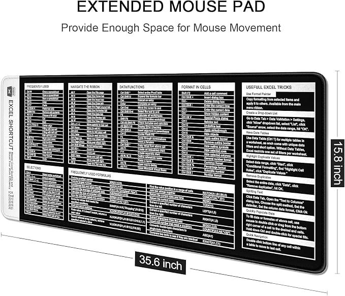 Excel Shortcut Keys Mouse Pad, Large Extended XL XXL Cheat Sheet Gaming Mouse - Image 4