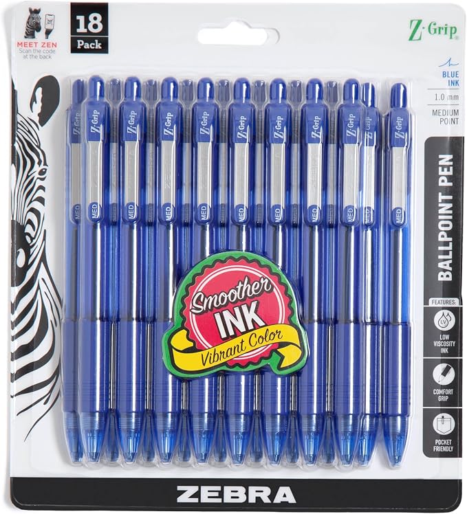 Zebra Pen Z-Grip Retractable Ballpoint Pen, Smooth-Flowing Blue Ink, 1.0mm by ZebraPen