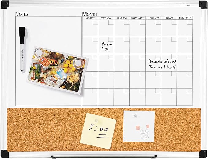 VUSIGN Monthly Calendar Whiteboard Dry Erase Cork Board Combo, 18" x 24" Planning Board, Silver Aluminium Frame