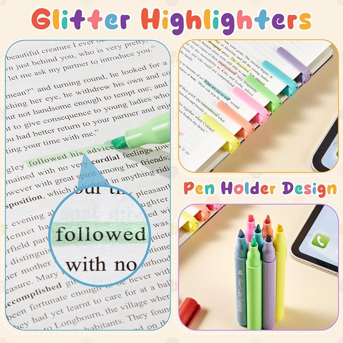 Silver Glitter Highlighters, 12 Metallic Colors, No Bleed Chisel Tip | Quick Dry - Image 7