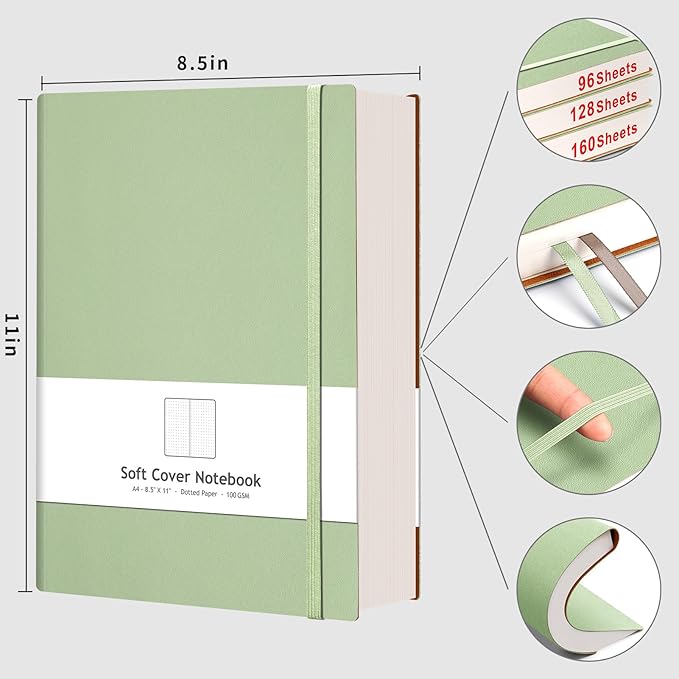 AHGXG Bullet Dotted Journal - Large A4 Notebook Dotted, 8.5''×11'', 320 Pages Dot Grid Notebook, 100gsm Thick Paper, Leather Softcover, with Journal Stencils, Inner Pocket - LightGreen-DeskLoop Office