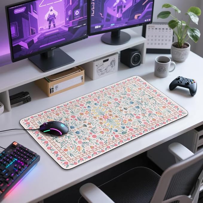 Pink Floral Desk Mat 31.5"x15.7" | Extra Large Mouse Pad, Non-Slip Rubber Base - Image 10
