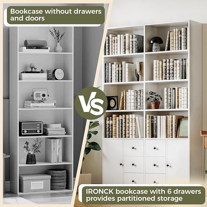IRONCK 78.7" Bookcase with 6 Drawers, 6 Tier Large Bookshelf with 2 Doors, Large Bookcase with Adjustable Shelves, Tall Storage Cabinet for Home Office, Living Room, White-DeskLoop Office