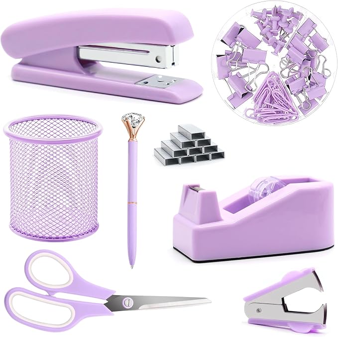 Purple Office Supplies, Staple Remover, Tape Holder, Pen Holder, Ballpoint Pen by Famassi