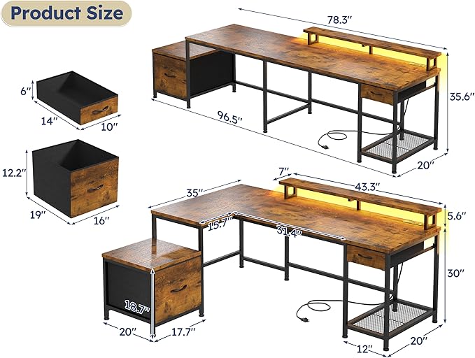 L Shaped Computer Desk with Drawers, Gaming Desk with LED Lights & Monitor Shelf, Office Desks with Power Outlets, Corner Desks for Home Office, Study Room and Bedroom, Rustic Brown-DeskLoop Office