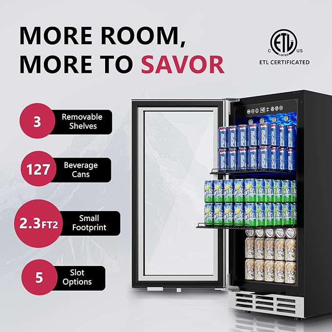 15'' Beverage Refrigerator Cooler - 126 Cans Under Counter Beverage Fridge with LED Light, Built-in Design, Wine Cooler for Home/Kitchen-DeskLoop Office