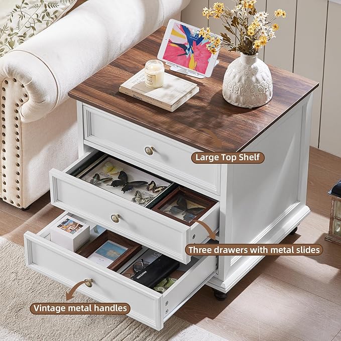 24" Wide Farmhouse Night Stand,Large End Table with 3 Drawers & Metal Handle,White Wood Dresser for Bedroom Cabinet, Bed Side Tabl·e Chest of Drawers,Nightstand for Living Room,Close-DeskLoop Office