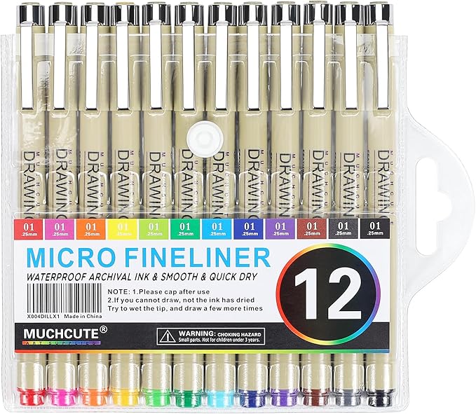 Muchcute 01 Micro Fineliner Drawing Art Pens: 12 Colors 0.25mm Extra Fine Point - Image 7