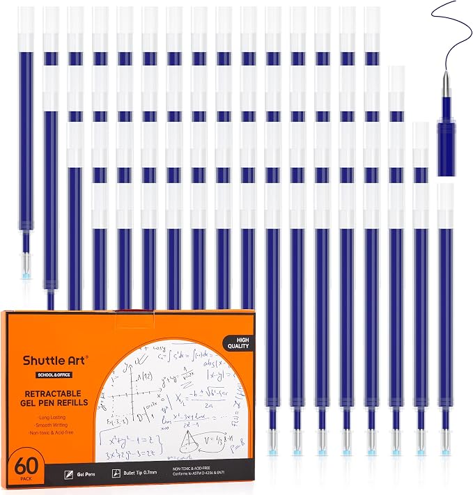 Retractable Gel Pen Refills, Shuttle Art 60 Pack Blue Rollerball Gel Ink Pens by ShuttleArt