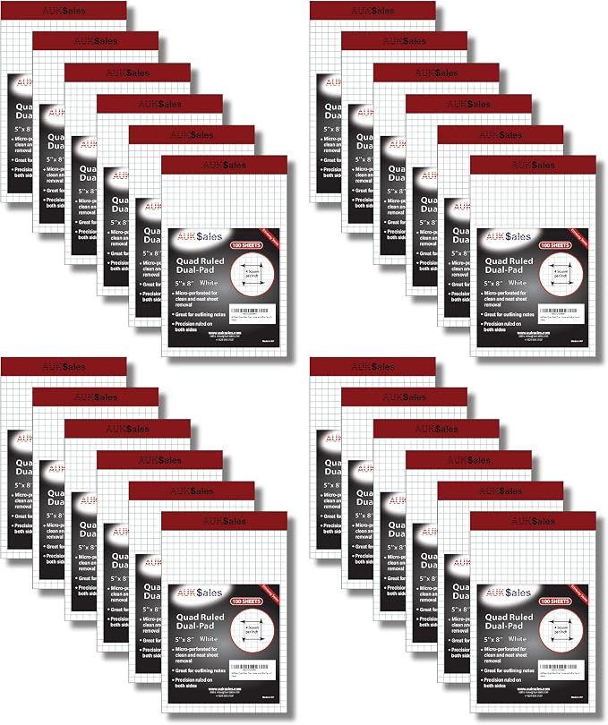 Grid Paper Pad 5x8 Inches, Graph Paper Pad 4x4, Grid Notepad, 24 Pack, 5x8 by AUKSALES