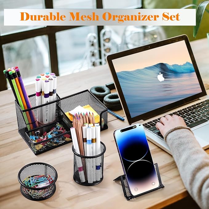 Moonlik Desk Organizers and Accessories Set, Mesh Pen Holder, Office School - Image 5