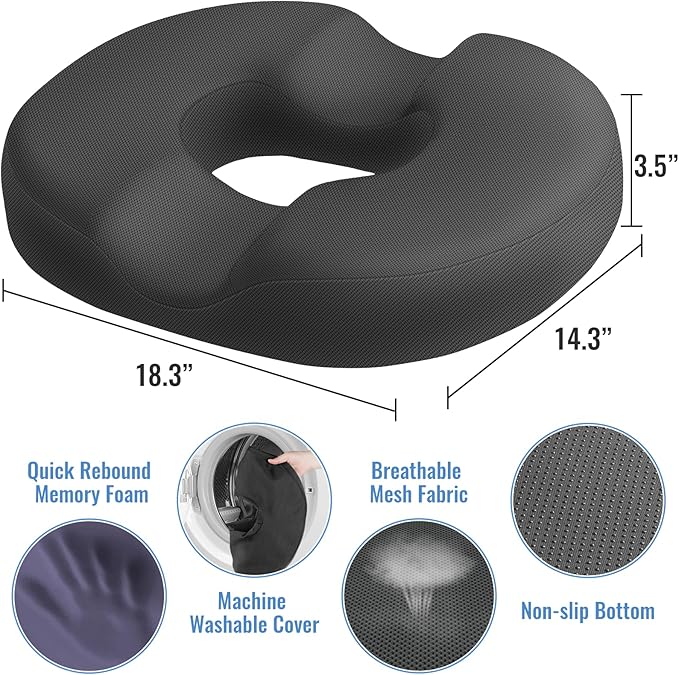 CloudBliss Donut Pillow Seat Cushion for Tailbone Pain Relief and Hemorrhoids, Memory Foam Seat Chair Cushion for Postpartum Pregnancy, Seat Cushions for Men and Women for Home & Office, (Grey-XL)-DeskLoop Office