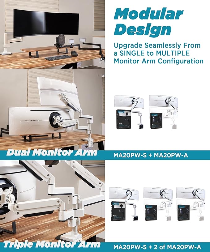 Heavy Duty Monitor Arm for Ultrawide Monitors up to 57" and 44 lbs, Single Desk Stand, Pneumatic Height Adjustable, Modular Extension Arms - Max VESA 100x100, White, MA20PW-S-DeskLoop Office