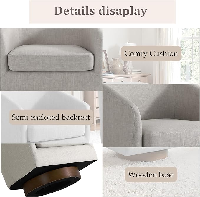 UIXE Swivel Accent Chair with Wood Base, Fabric Upholstered Barrel Chairs for Living Room, Comfy Round Armchair Single Sofa Bedroom Reading Seat - 31" W, Khaki-DeskLoop Office