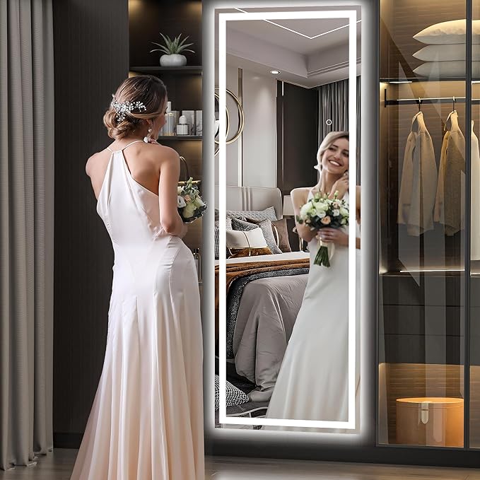 Hasipu Full Length Mirror with Lights, 65" x 20" LED Floor Mirror, Full Body Dressing Standing, Hanging Mounted Mirror for Living Room Bedroom Cloakroom, Square Black-DeskLoop Office