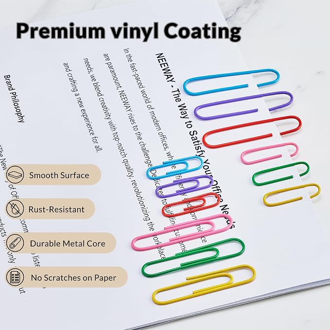 NEEWAY 450pcs Paper Clips Assorted Sizes, Small and Large Paper Clips, Coated - Image 5