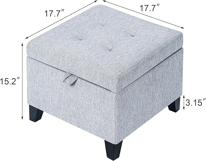 Adeco 18 Inch High Cube Ottoman Storage, Linen Chair Foot Stools, Upholstered Vanity Stool with Hinged Lid, Solid Wood Legs-DeskLoop Office