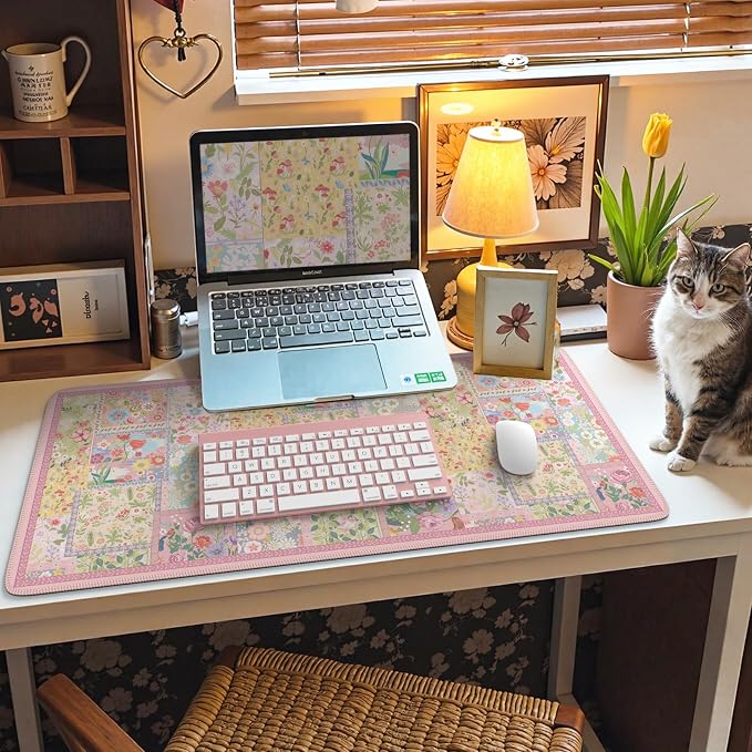 iCasso Pink Desk Mat for Keyboard and Mouse, Large Mouse Pad, Floral Desk Pad - Image 6