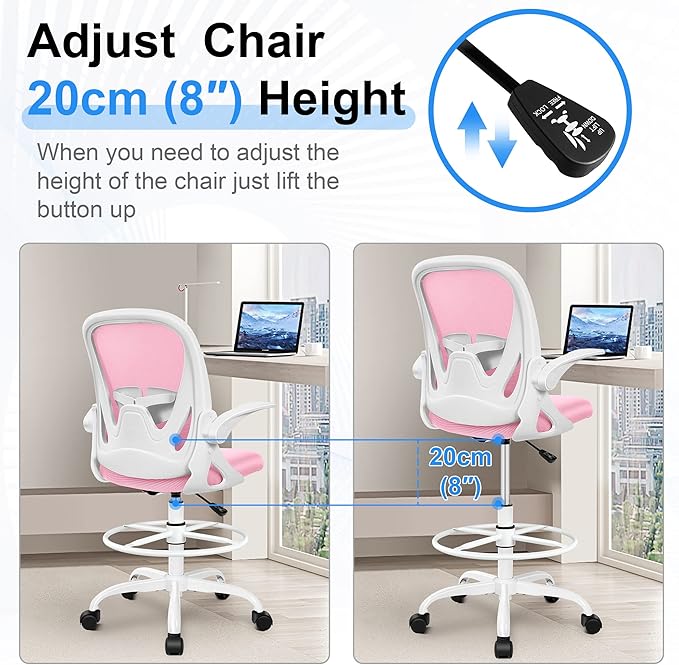 Primy Drafting Chair Tall Office Chair with Flip-up Armrests Executive Ergonomic Computer Standing Desk Chair with Lumbar Support and Adjustable Footrest Ring (Pink)-DeskLoop Office