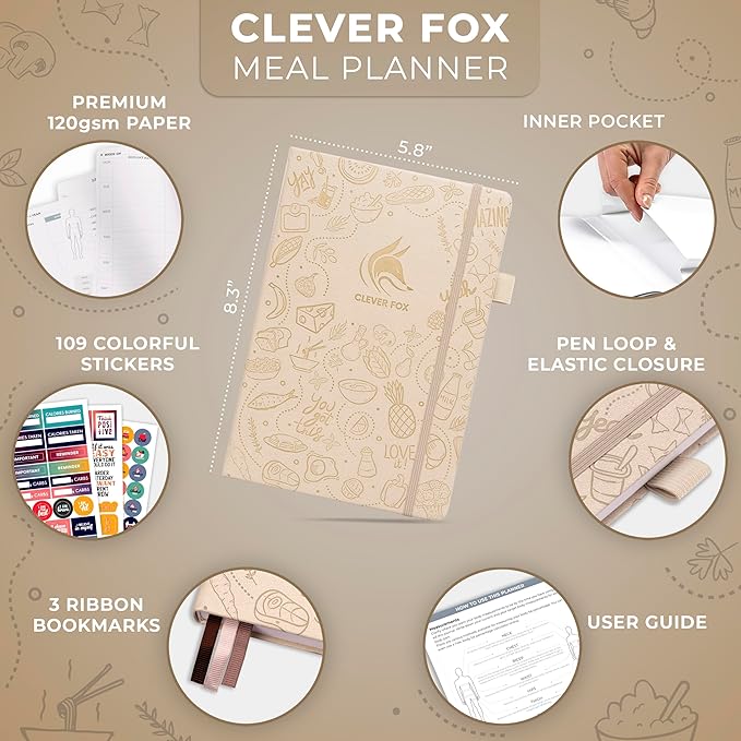 Clever Fox Weekly Meal Planner - Weekly & Daily Meal Prep Journal with Shopping and Grocery Lists for Menu Planning, Healthy Diet & Weight Loss Tracking, Lasts 1 Year, Undated, A5 - Seashell-DeskLoop Office