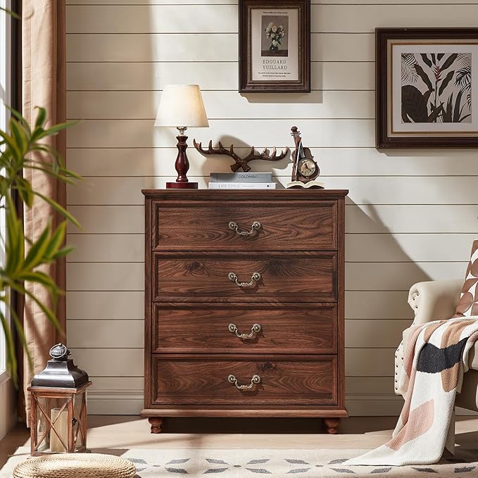 Farmhouse 4 Drawer Dresser Set of 2 for Bedroom, 37" Tall Rustic Chests of Drawers w/ 4 Solid Wood Feet, Mid Century Vintage Wooden Closet Storage Dressers Organizer for Living Room, Brown-DeskLoop Office