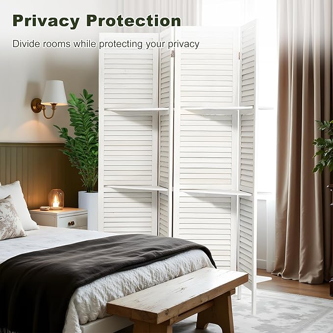 NicBex 4 Panel Room Divider,5.6FT Wood Carved Room Dividers with Display Shelves Folding Privacy Screens Portable Freestanding Partition Wall Dividers for Room Separation,Home Bedroom Office,White-DeskLoop Office