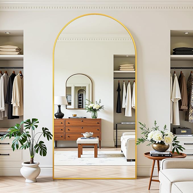 Full Length Mirror, 78"x38" Oversized Floor Mirror Freestanding, Full Body Mirror Floor Standing Mirrors with Stand, Hanging Mounted Mirrors for Bedroom Living Room, Gold, Arched Style-DeskLoop Office