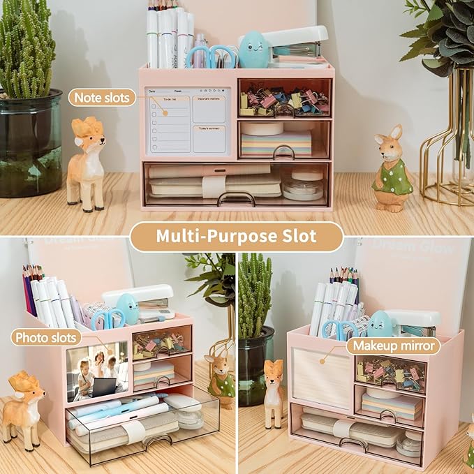 Multi-Functional Desk Organizer with 3 Drawer and 8 Compartments, Pink-DeskLoop Office