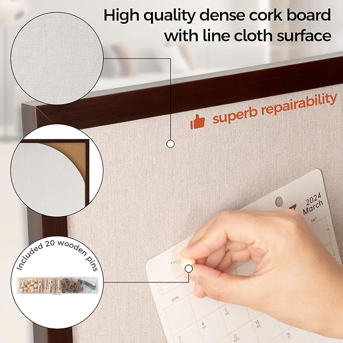 Fun Memories Cork Board Bulletin Board for Office, 24" x 36" Pine Wooden Framed Corkboard, Wall Mounted Notice Pin Board for School Home & Office, Dark Walnut-DeskLoop Office