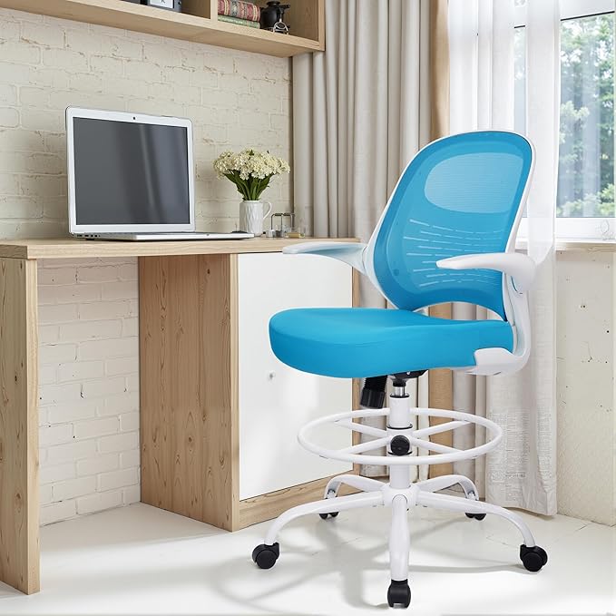 HYLONE Tall Drafting Chair Standing Desk Chair with Flip-Up Armrests, Adjustable Height Ergonomic Office Chair with Footrest Ring - High Stool Chair for Standing Desk (Blue)-DeskLoop Office