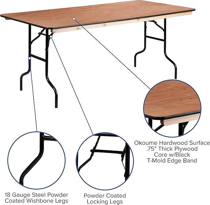 Flash Furniture Fielder 6' Rectangular All-Occasion Wood Folding Event Table, Foldable Portable Banquet Table with Wooden Top, Natural/Black-DeskLoop Office
