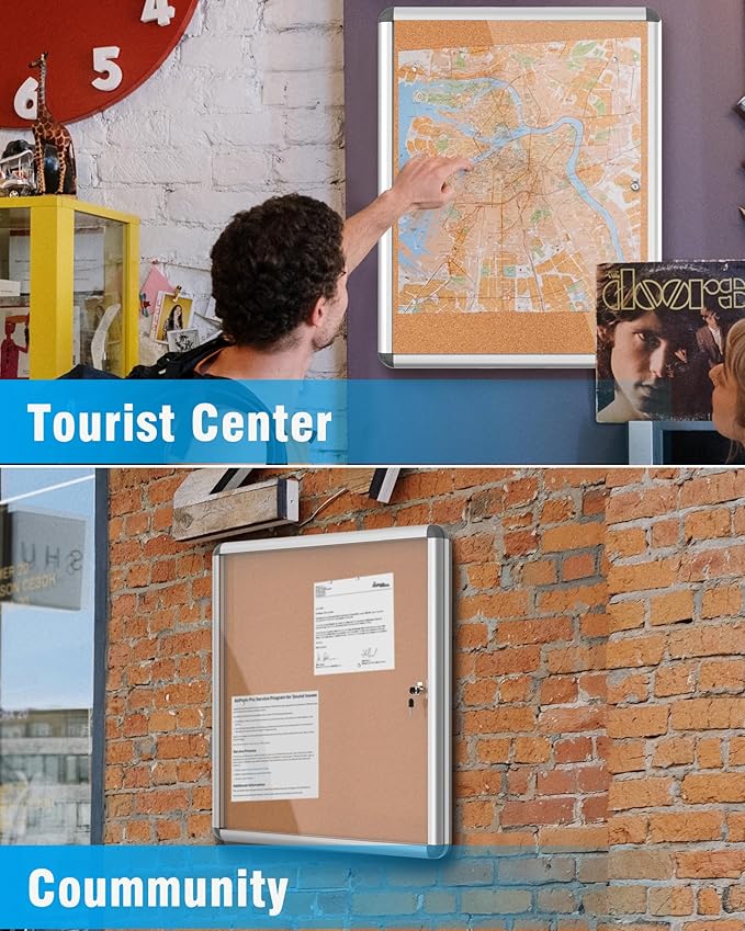 2 Pack 38"x28" Enclosed Bulletin Board, Lockable Weather-Resistant Aluminum Cork Noticeboard for School & Office, Silver Frame w/Cork-DeskLoop Office