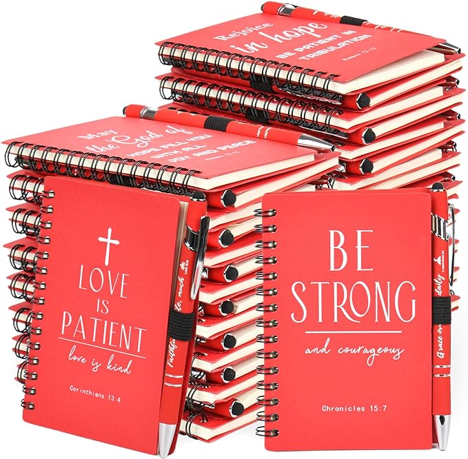 Christian Prayer Journal Spiral Red Notebooks Bulk with Pens- Small Notepads (4.13”x5.43”) - inspirational gifts for women, Church Members & Bible Study Groups (30 Sets Red)-DeskLoop Office