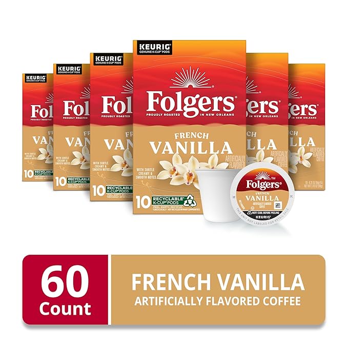 Folgers French Vanilla Artificially Flavored Coffee, Keurig K-Cup pods, 10 Count Box (Pack of 6)-DeskLoop Office